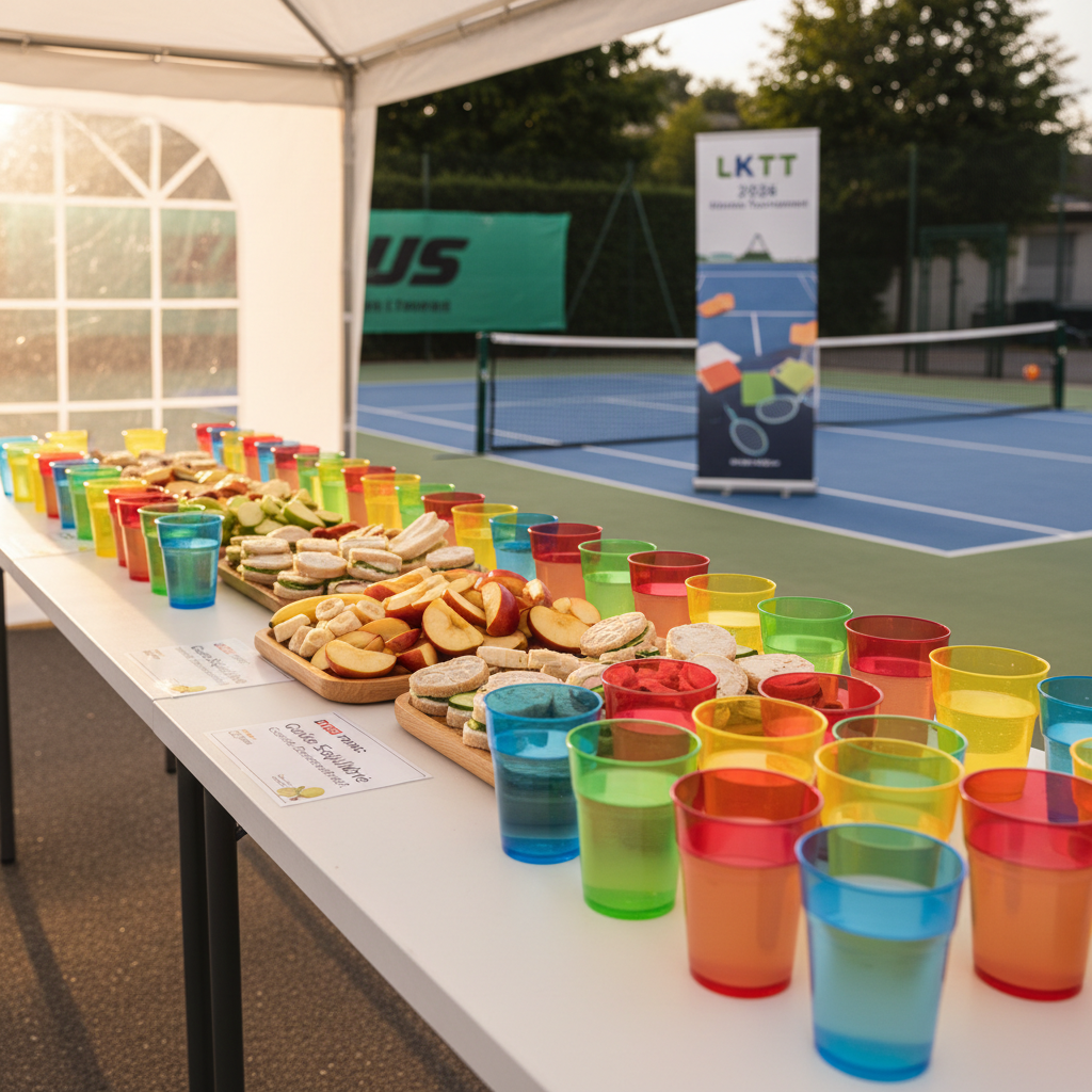 A meticulously arranged photographic scene of a “healthy goûter” snack station at a kids’ tennis event, with no people present. On a long, spotless white table under a simple canopy, colorful reusable cups filled with water and diluted fruit juice stand beside trays of sliced apples, bananas, and small wholegrain sandwiches cut into fun racket shapes. Small bilingual labels in French and German reference Swiss Tennis guidelines for healthy snacks. Late-morning natural light filters through a translucent side panel, giving a soft glow and delicate reflections on the cups. In the softly blurred background, a kids’ mini-tennis court and a freestanding LKTT 2026 banner are visible. Shot at eye level with moderate depth of field, the mood is cheerful, fresh and reassuring for parents.